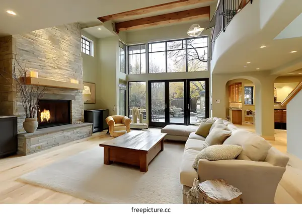 Modern Living Room with Stone Fireplace and Large Windows