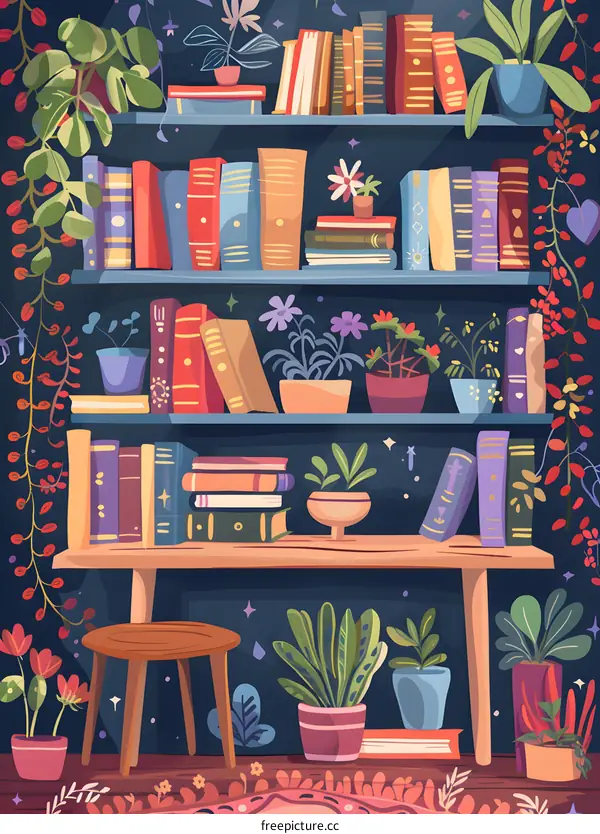 Book Shelf Illustration with Plants and Books