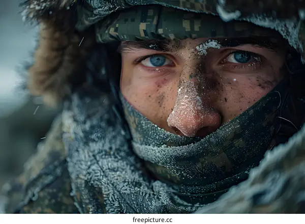 Portrait of a soldier in the cold weather with snow on his face