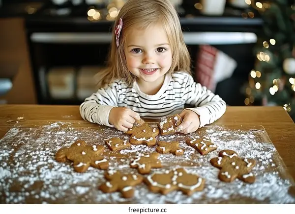 Little Girl Making Gingerbread Cookies at Christmas