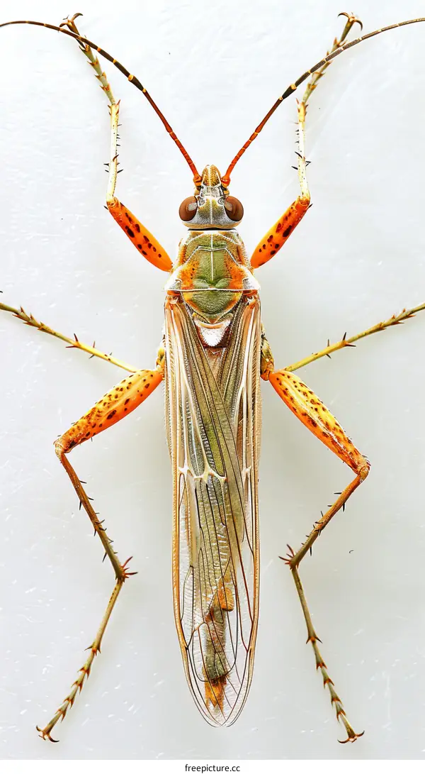 A green and orange katydid with long antennae and a long ovipositor
