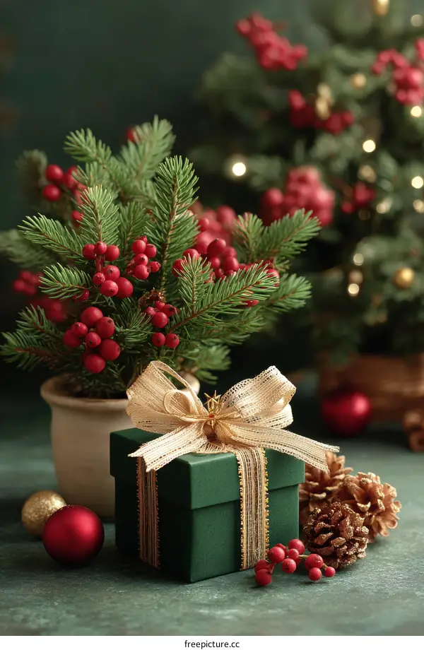 Christmas Gift Box Decorated with Fir Tree and Berries