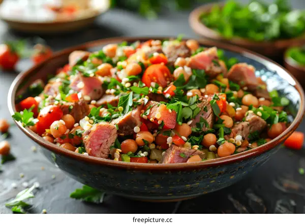 Tuna salad with chickpeas, tomatoes, red onion and parsley
