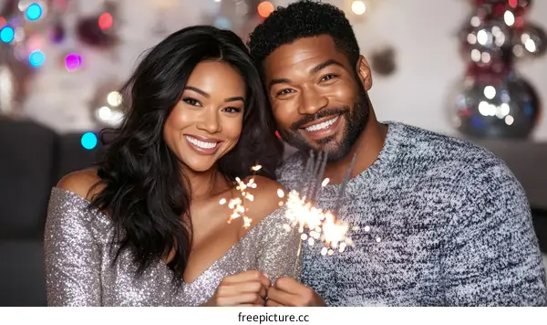 Happy Couple Celebrating New Year with Sparkler