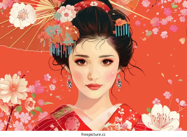 A beautiful Japanese woman in a kimono with cherry blossoms