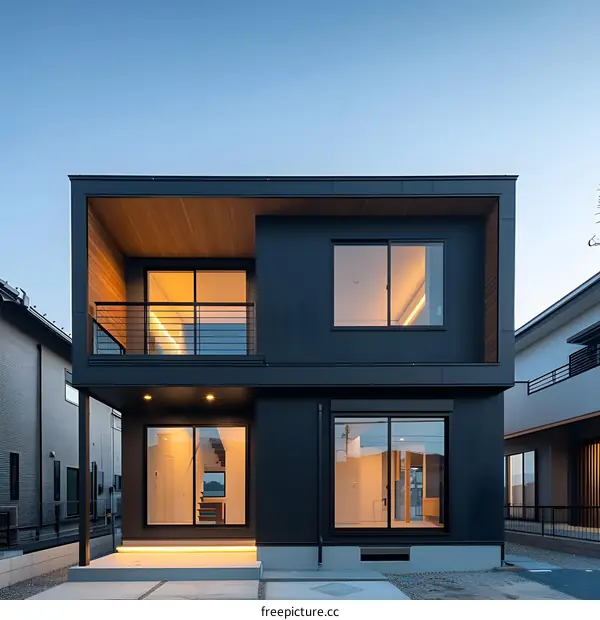 Modern Black House with Balcony and Large Windows