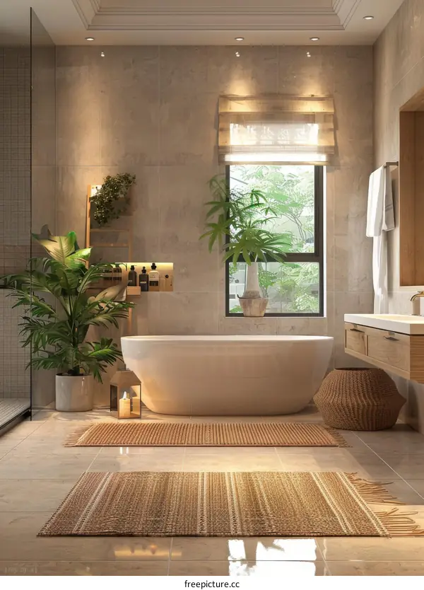 Modern Bathroom Interior Design with Bathtub and Plants
