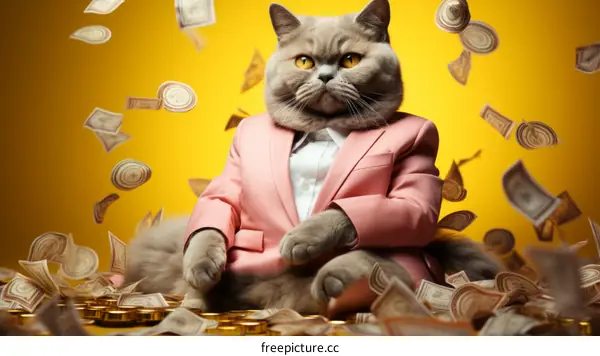 Rich cat in a suit sitting on a pile of money