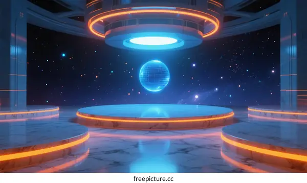 Futuristic Round Platform with Glowing Rings and Holographic Sphere