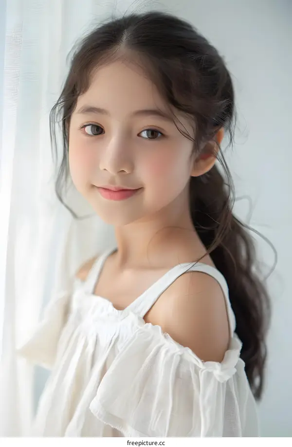 Portrait of a Beautiful Young Asian Girl Wearing a White Dress