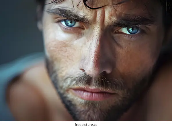 Close-up portrait of a handsome young man with blue eyes