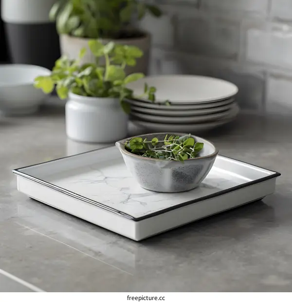White Marble Serving Tray with Black Trim and Bowl of Herbs