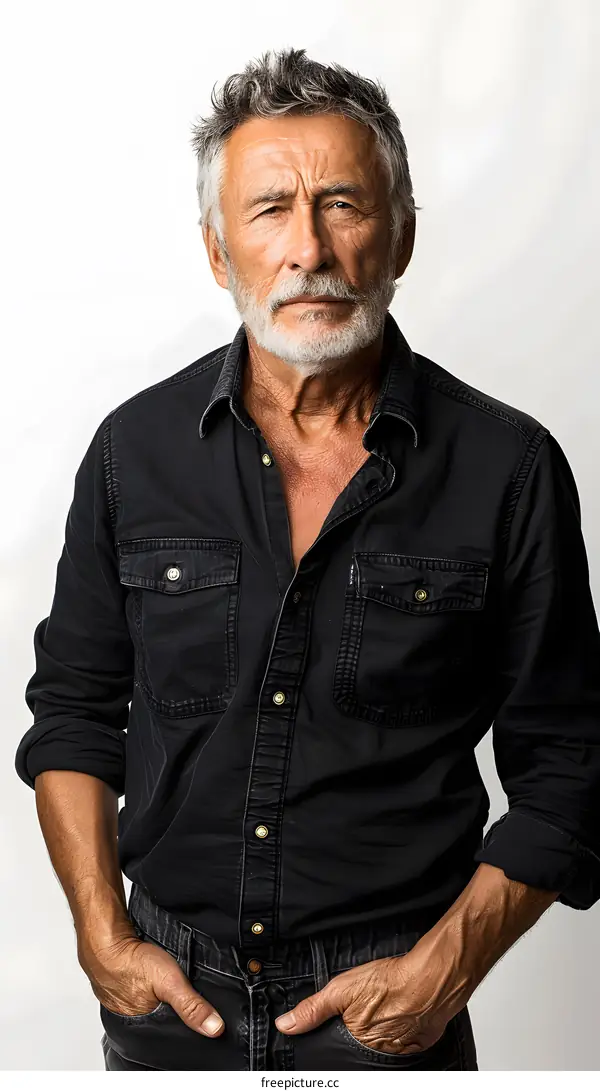 Portrait of a Handsome Senior Man in a Black Shirt