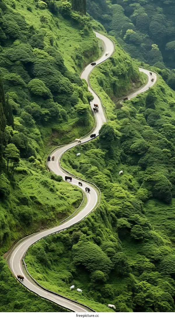 Herd of Cattle Walking Along a Mountain Road