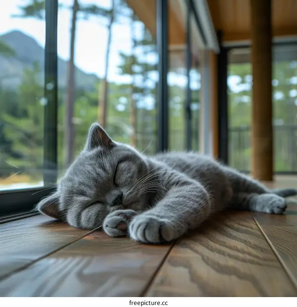 Gray Cat Sleeping on Wooden Floor in House