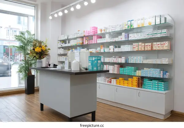 Modern Pharmacy Interior Design with Medicine Shelves