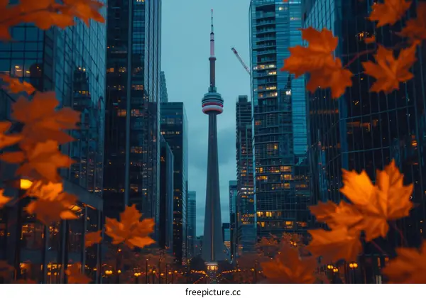Toronto skyline with autumn leaves in the foreground