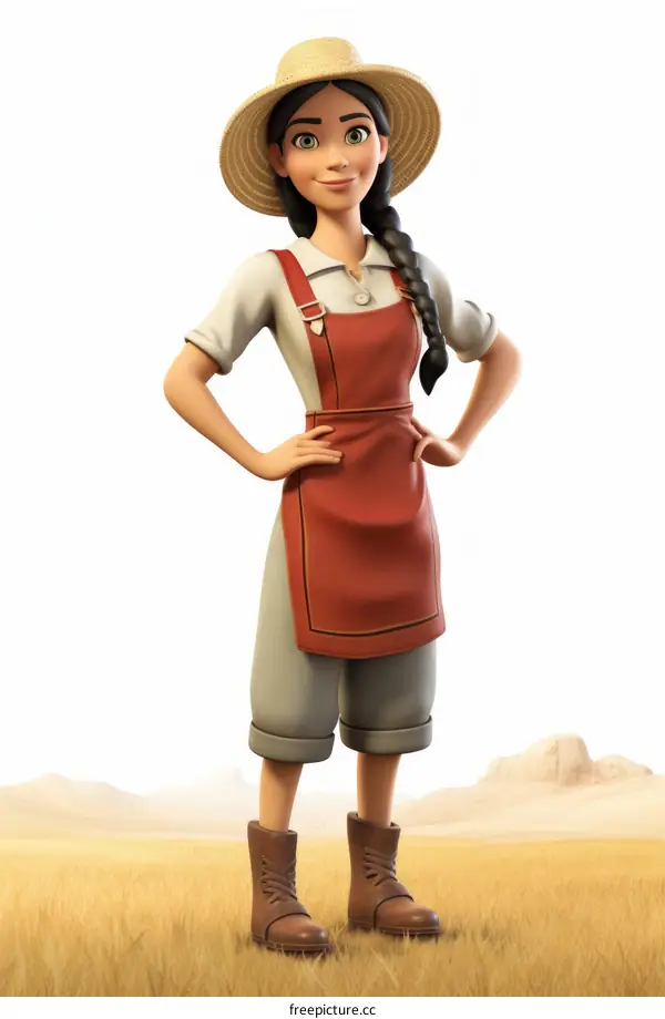 A woman wearing a straw hat and red apron is standing in a field.