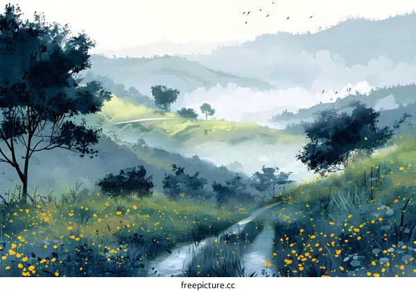 Misty mountain landscape with yellow wildflowers