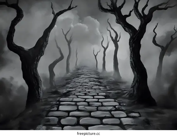 Dark Foggy Forest Path Leading to the Unknown