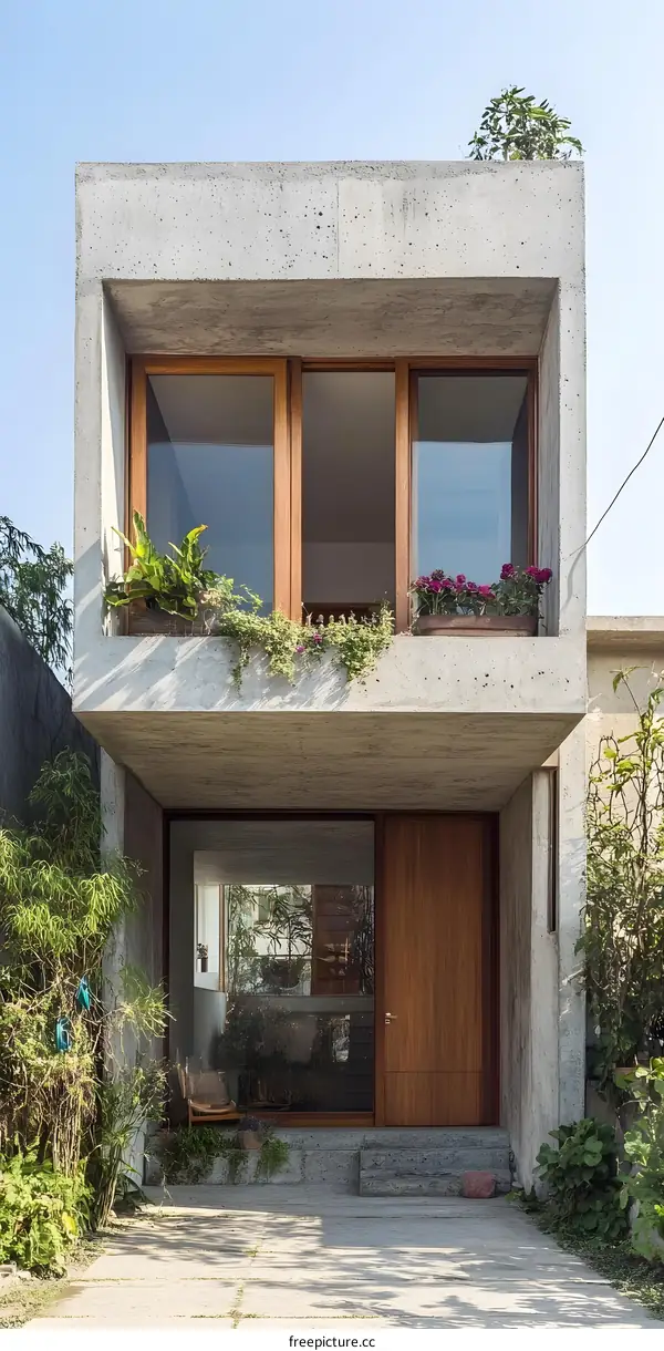 Modern Concrete House with Wooden Details and Plants