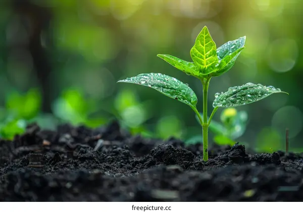 Close up of a tiny plant growing out of the soil with morning dew on its leaves