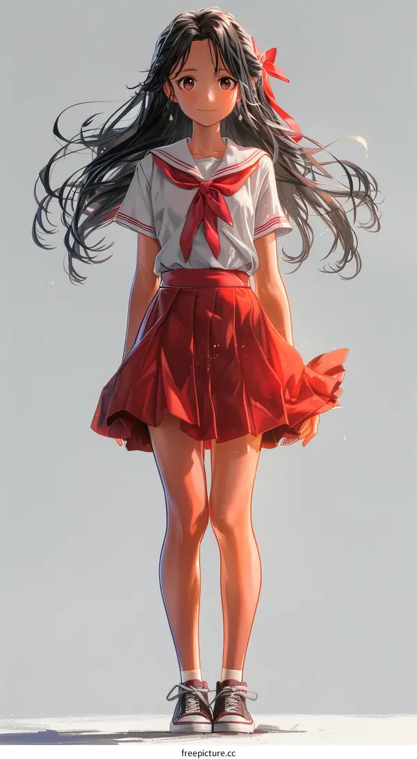 Anime Girl with Long Brown Hair in Red and White Sailor Uniform