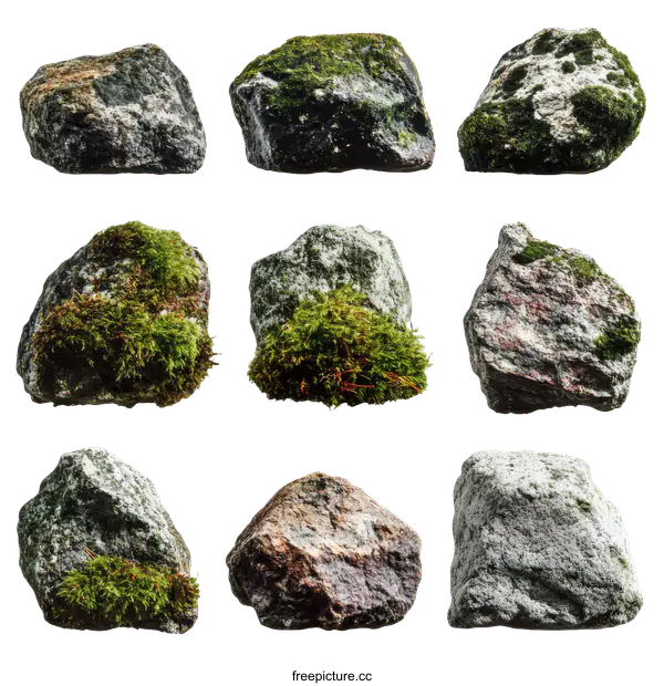 [Transparent Background PNG]Collection of Moss-Covered Rocks on White Background