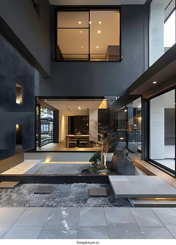 Modern Japanese House with Minimalist Zen Garden Courtyard