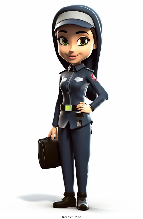 A policewoman in uniform holding a suitcase with a gun on her belt