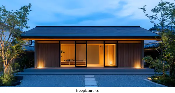 Modern Japanese House with Wooden Walls and Stone Path