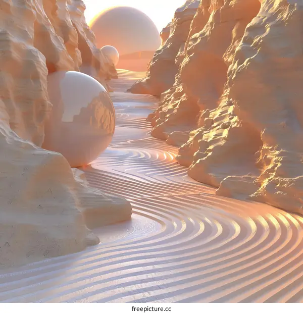 Canyon with Glowing Sand and Smooth Stone Spheres