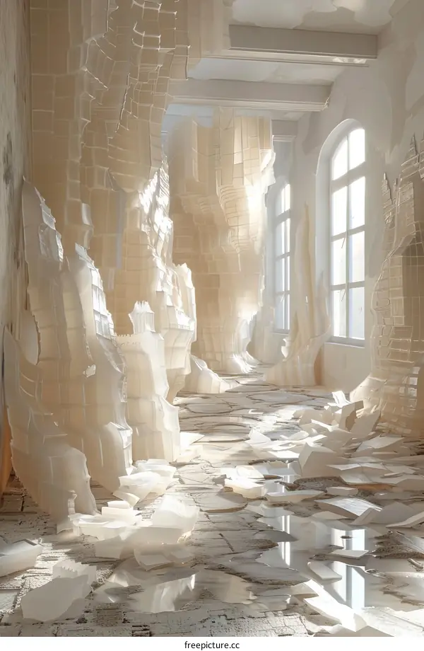 White Paper Debris Installation in Minimalist Room