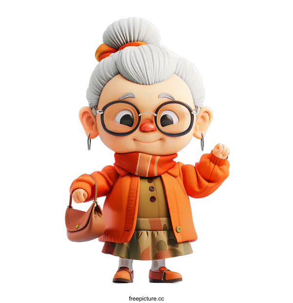 [Transparent Background PNG]Cute Cartoon Illustration Of A Senior Woman Wearing Orange Clothes And Carrying A Bag