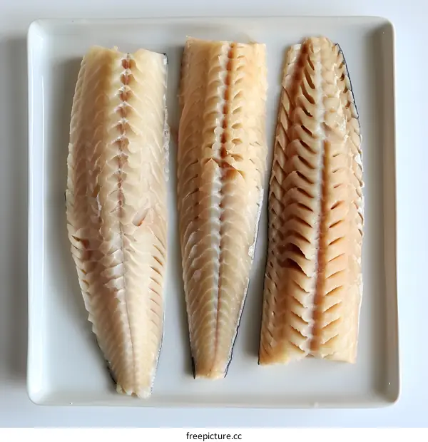 Three raw cod fillets on a white plate