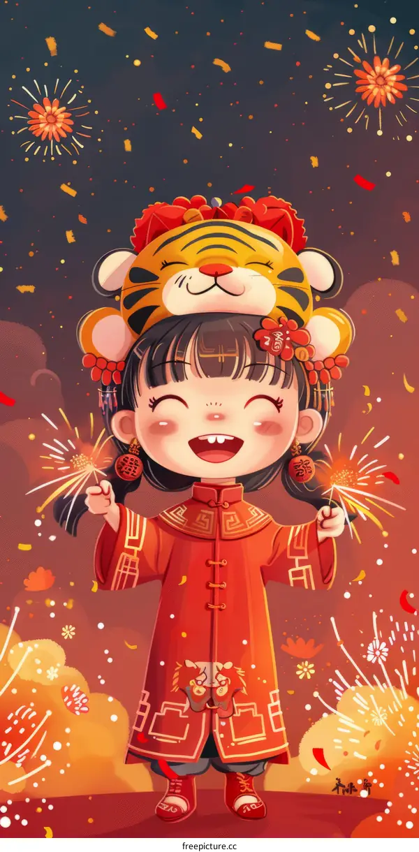 A cute girl in a red cheongsam holding sparklers