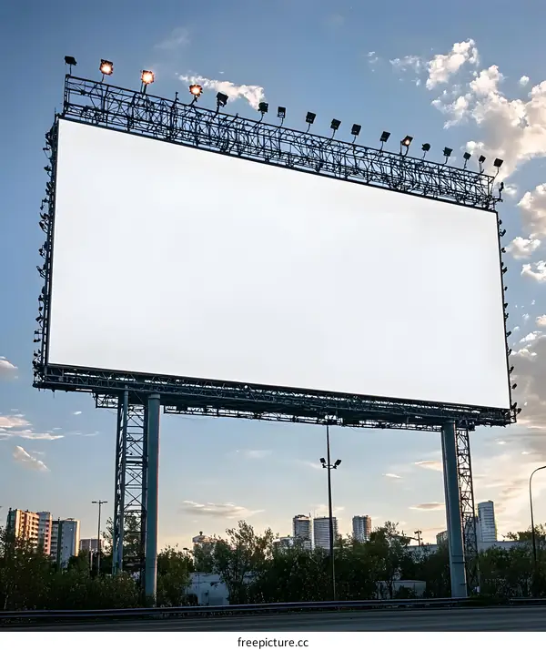 Blank Billboard Advertising Sign with City Skyline in Background
