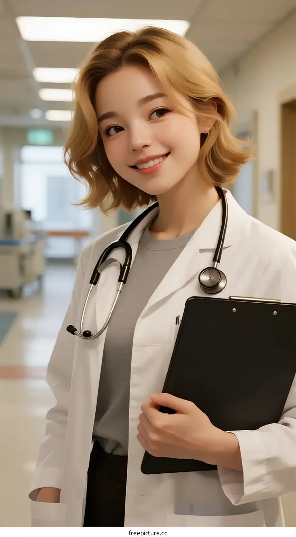 A young female doctor in white coat holding clipboard