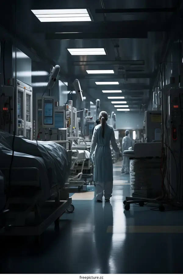 Healthcare Professionals Working in a Hospital Corridor