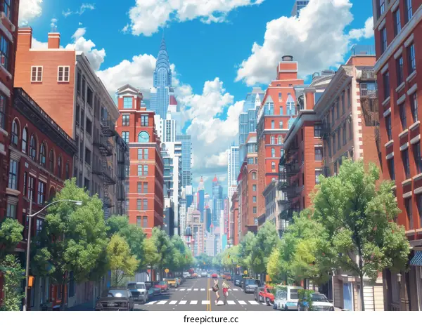 A wide street with tall buildings on both sides and a clear blue sky