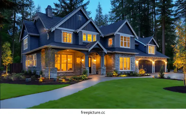 Modern House Exterior at Dusk with Lit Windows