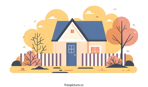 Simple House Illustration With Fence And Trees