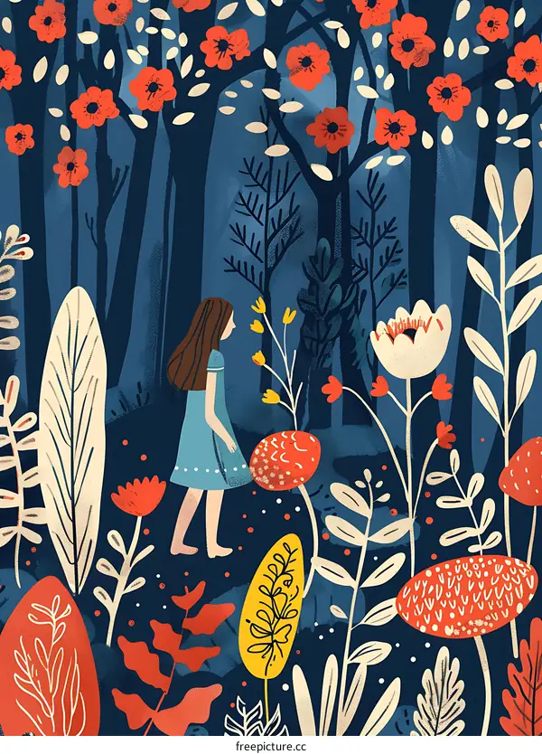 Young Girl Walking Through The Enchanted Forest