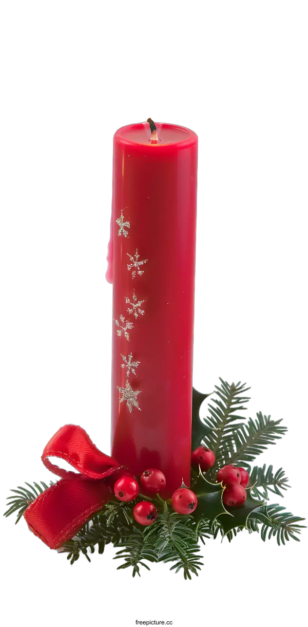 [Transparent Background PNG]Red Christmas Candle with Holly and Berries