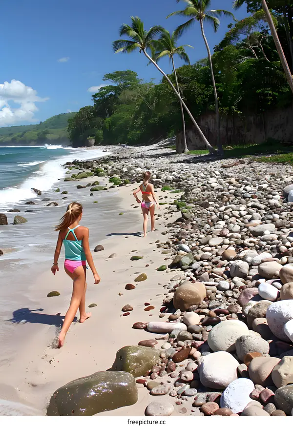 Two Girls Walking on a Beach with Palm Trees