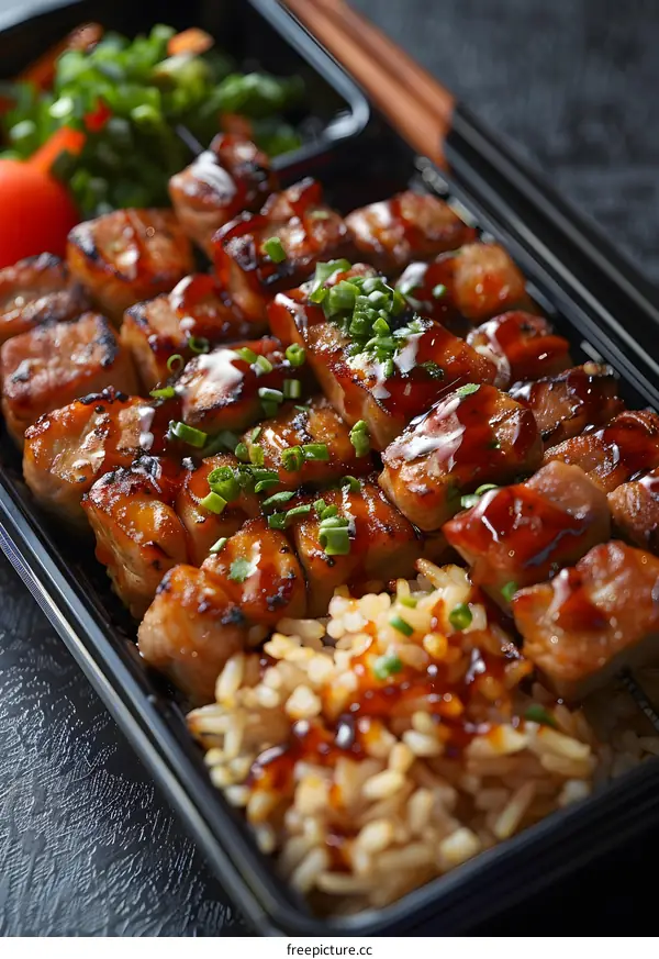A delicious and healthy meal of teriyaki beef with rice and vegetables