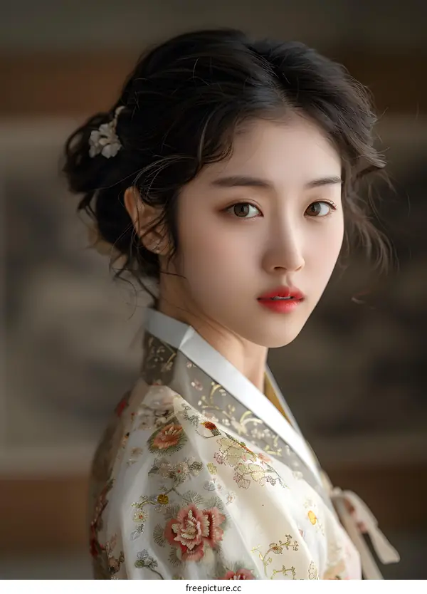 Portrait of a young woman in traditional Korean dress, or Hanbok
