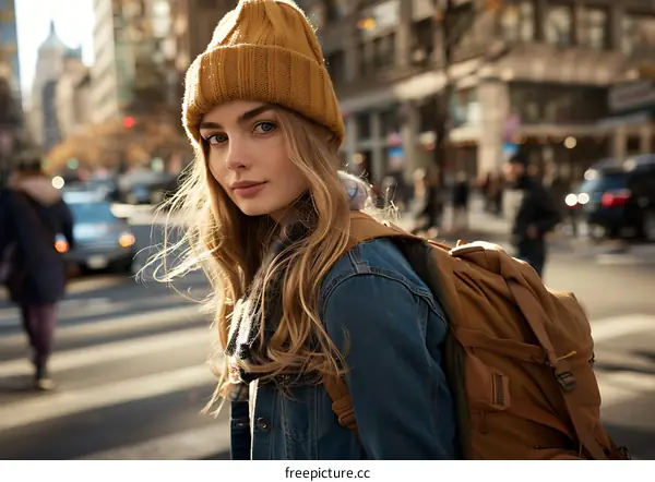 Young Woman in a Yellow Knit Hat on a City Street