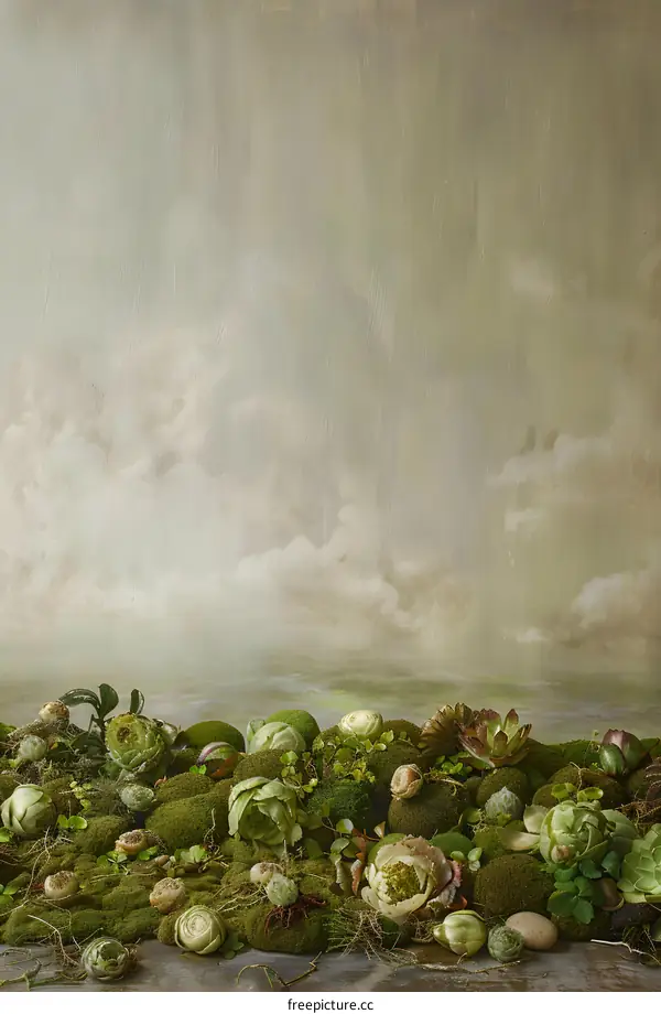 Green Succulents and Moss on a Cloudy Background