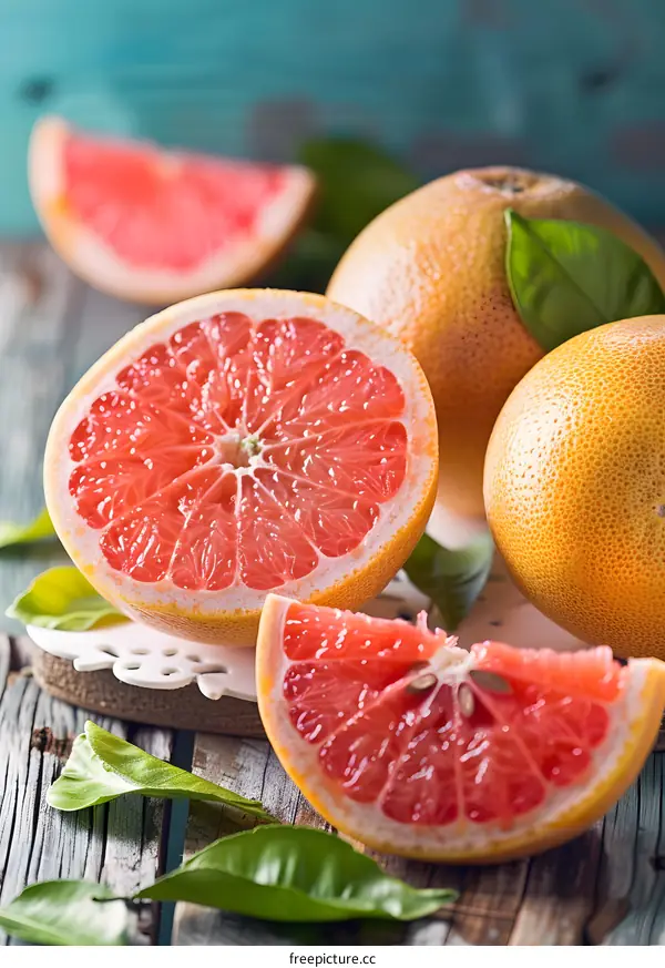 Fresh Pink Grapefruit Slices on Rustic Wooden Table